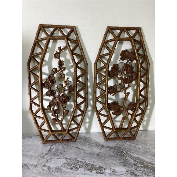 Syroco Other - Vtg SYROCO Pair Bamboo Floral Wall Plaques Dart 7412 A & B Homco Retro MCM Boho